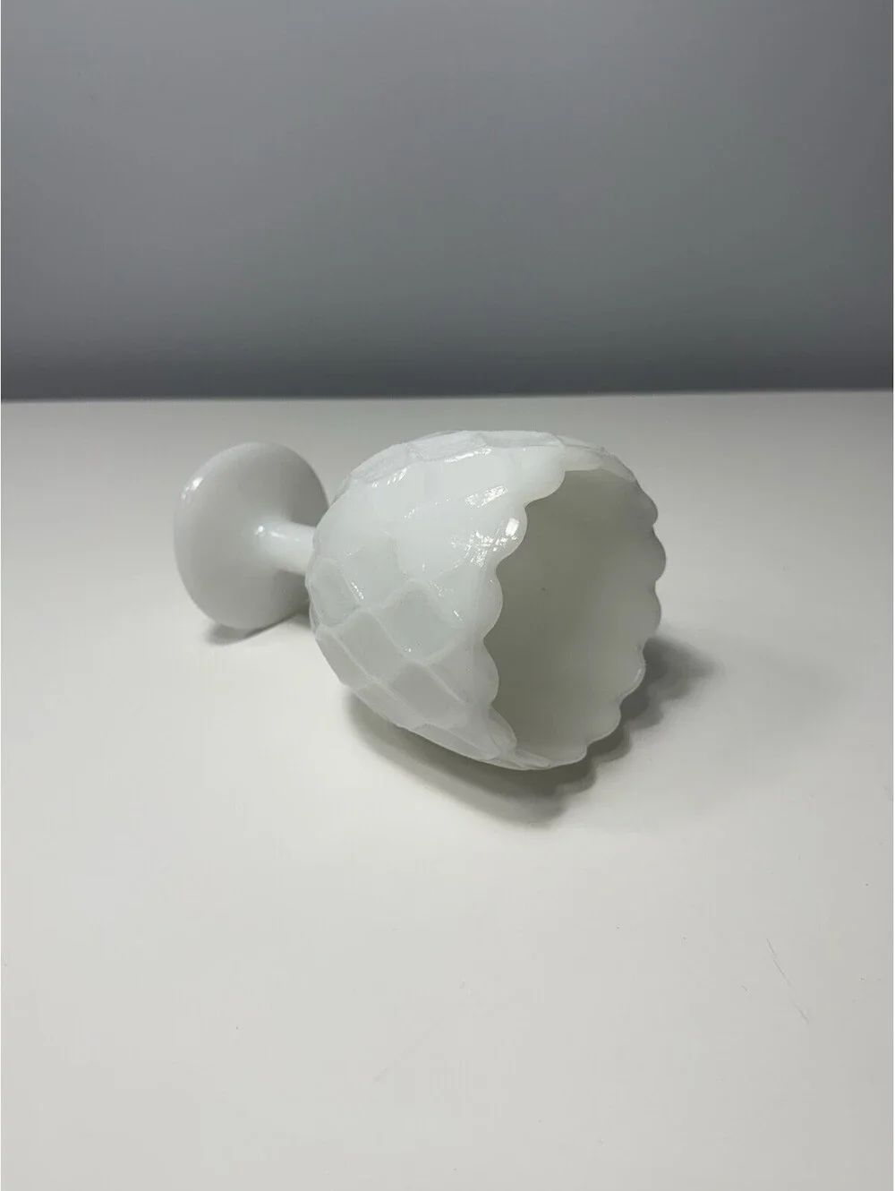 VTG Diamond Quilted White Milk Glass Water Wine Goblet Compote Pedestal 6.25” H